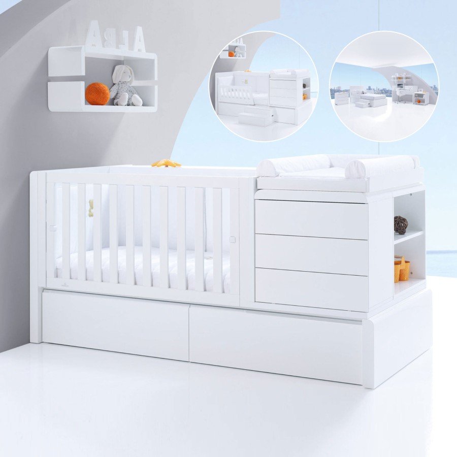 Baby Cots Alondra | Premium Kurve Convertible Crib · (Dropside On The Left) · K417 White