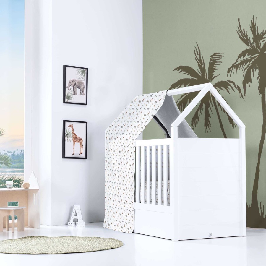 Baby Cots Alondra | Cuna Tipo Casa (3En1) 70X140 Cm Con Textil Estampado Jungla · Auna Natura