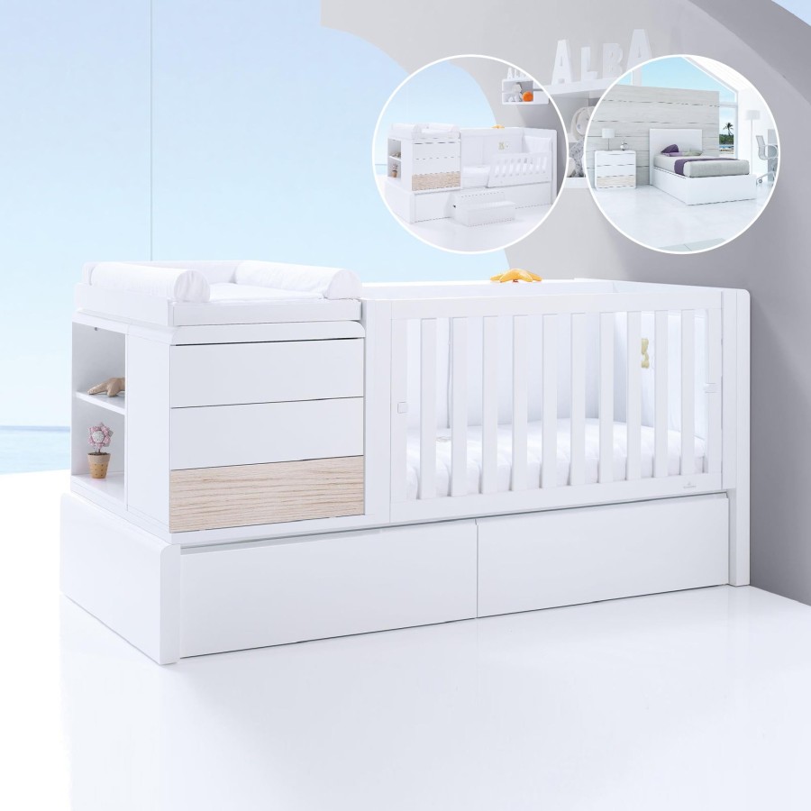 Baby Cots Alondra | Premium Kurve Convertible Crib · Coco (Dropside On The Right) · K417 White Oak