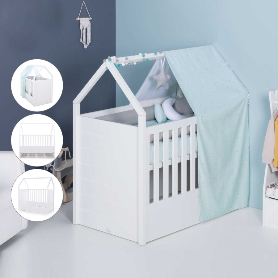 Baby Cots Alondra | White Montessori House Cot And Teepee Tent Bed (5In1) 70X140 Auna Mint