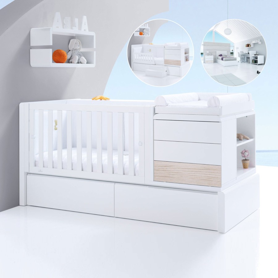 Baby Cots Alondra | Premium Kurve Convertible Crib · Coco (Dropside On The Left) · K417 White Oak