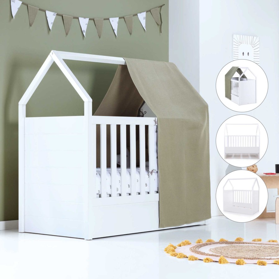 Baby Cots Alondra | White Montessori House Cot And Teepee Tent Bed (5In1) 70X140 Auna Espuma Do Mar